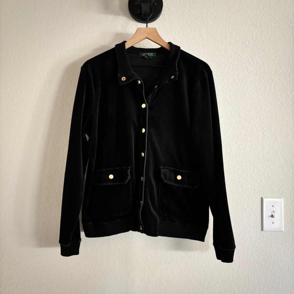 Lauren Ralph Lauren Jacket Velour Button Front XL Cotton Blend Black Old Money